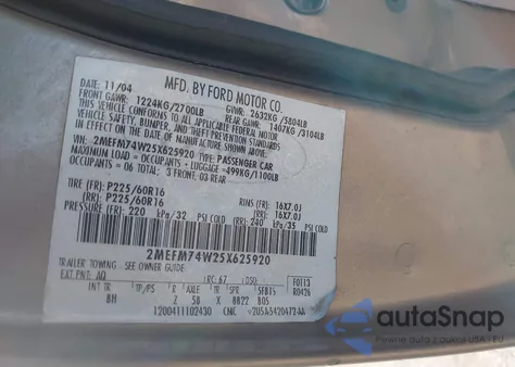 2005 Mercury Grand Marquis Gs из США, поврежденный, VIN 2MEFM74W25X625920